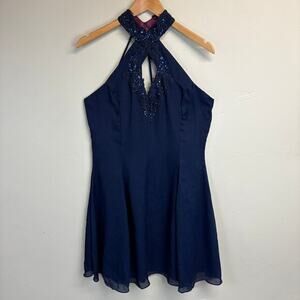 NWT Scott McClintock Navy Blue Beaded Embroidered Halter Dress Size 16 *Flawed